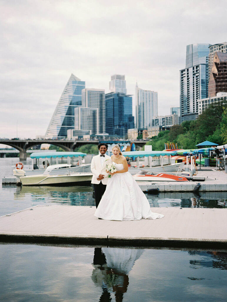 Bride and groom portraits along the lakeside trails at LINE Austin hotel wedding venue in Austin Texas