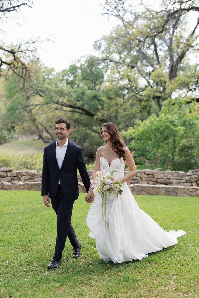 Candid wedding portrait of couple laughing during golden hour in Austin Texas