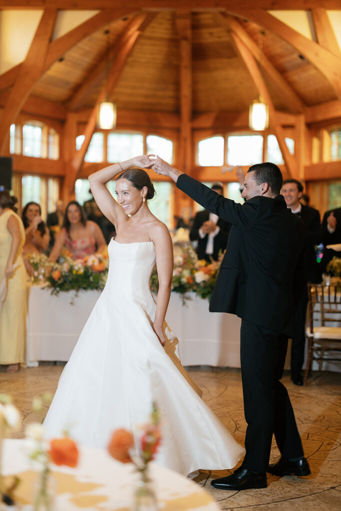 Bride and groom first dance at Camp Lucy wedding reception, Texas Hill Country