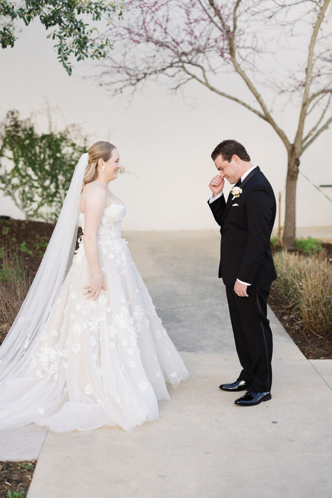 Groom's emotional reaction during first look at La Cantera Resort & Spa wedding