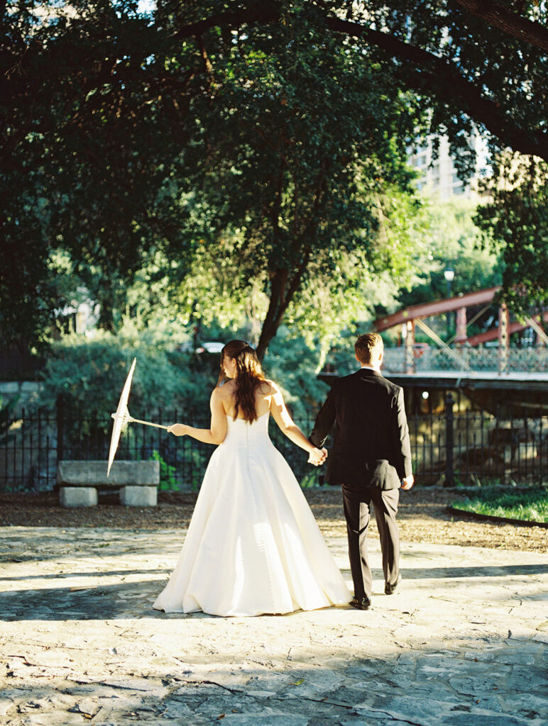 Film photo of bride and groom at Southwest School of Art wedding