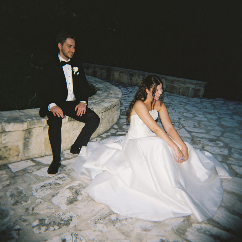 Film photo of bride and groom at Southwest School of Art wedding