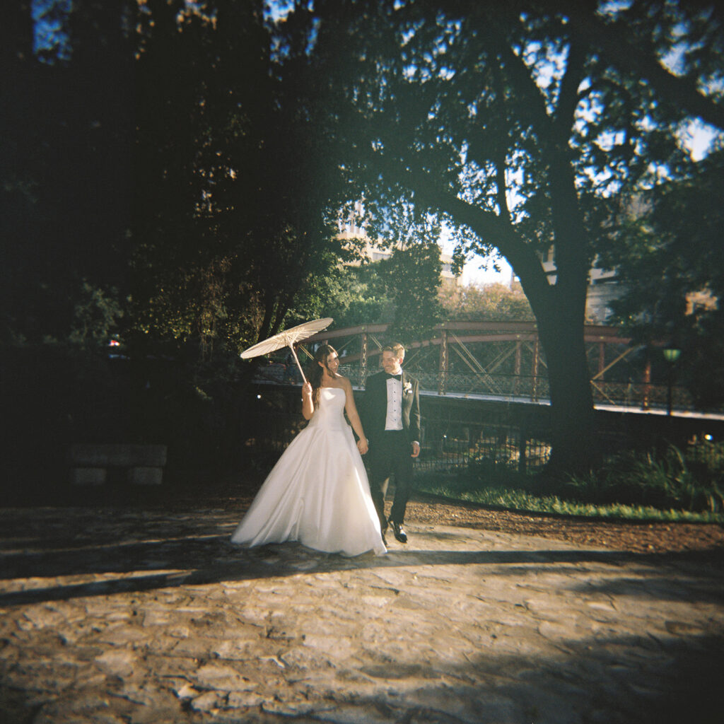 Film photo of bride and groom at Southwest School of Art wedding