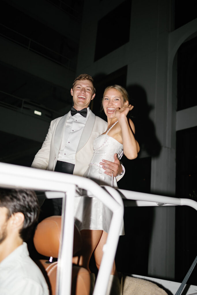Bride and groom exiting their Line Hotel wedding reception in Austin