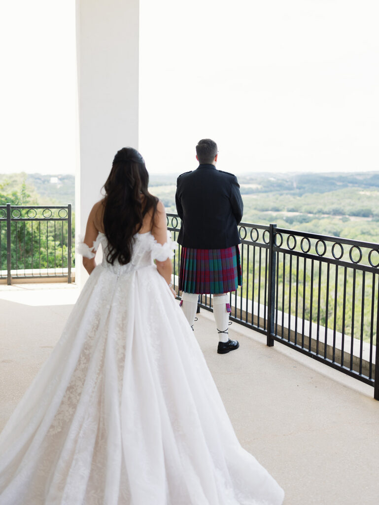 First look between Ashley and Nathan at their Austin wedding