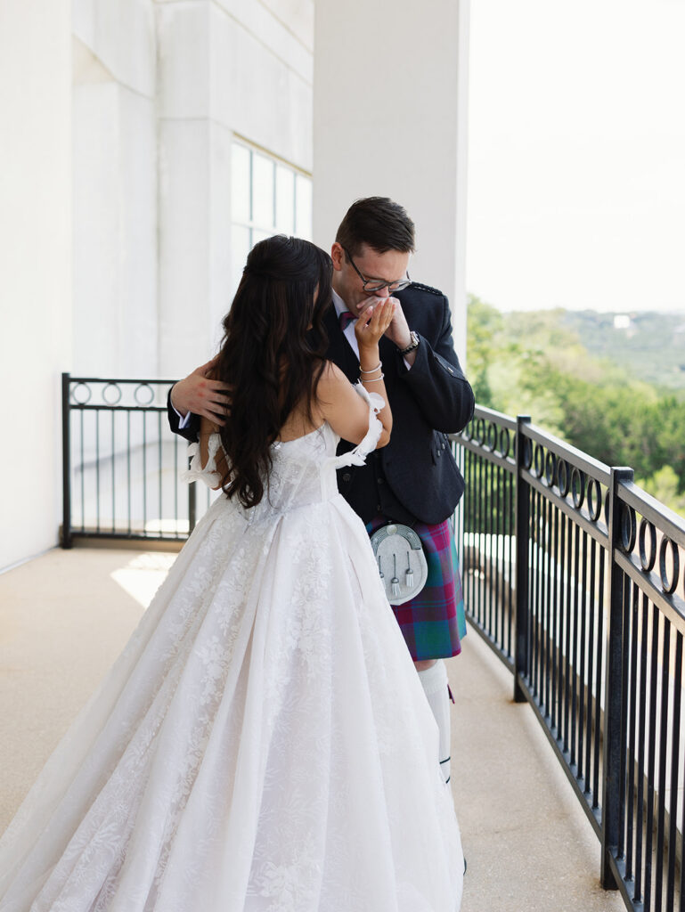 First look between Ashley and Nathan at their Austin wedding