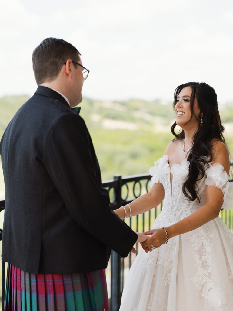 First look between Ashley and Nathan at their Austin wedding