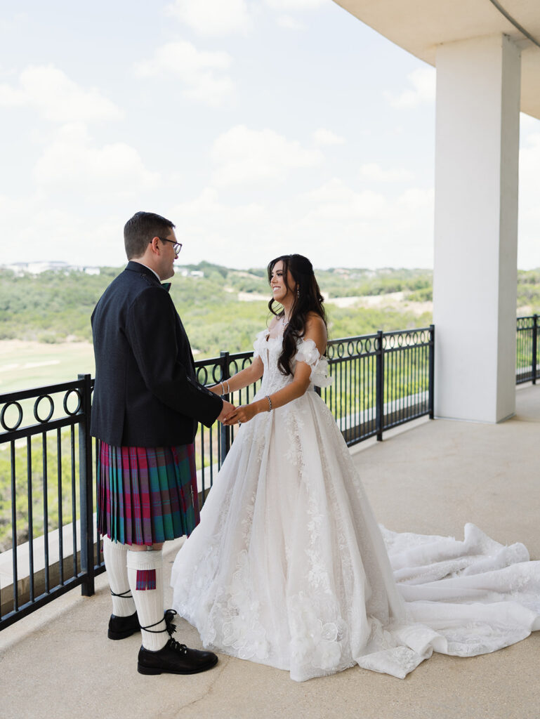 First look between Ashley and Nathan at their Austin wedding