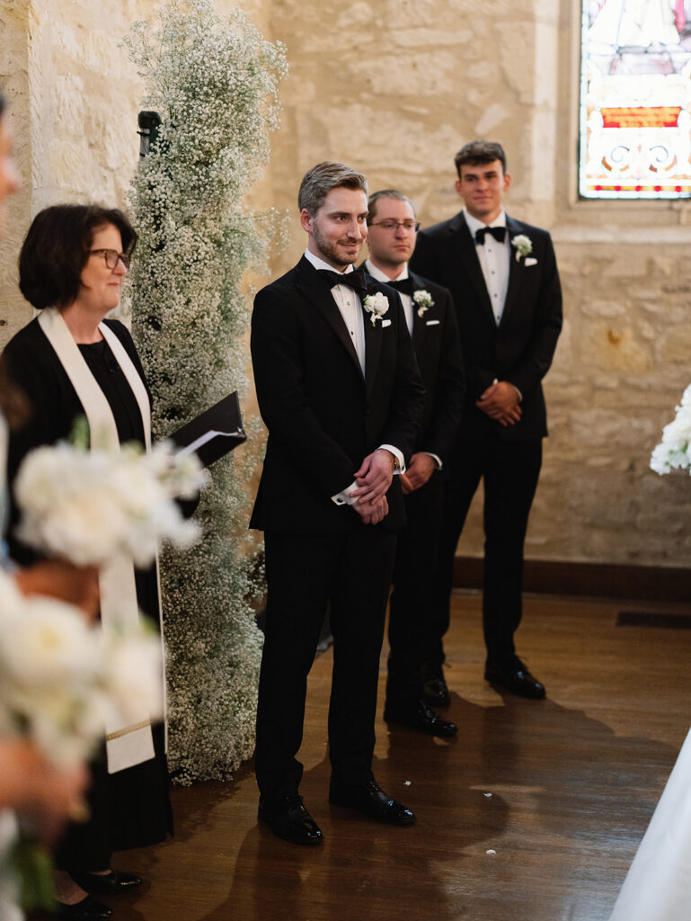 Groom's reaction seeing his bride at Coates Chapel wedding ceremony