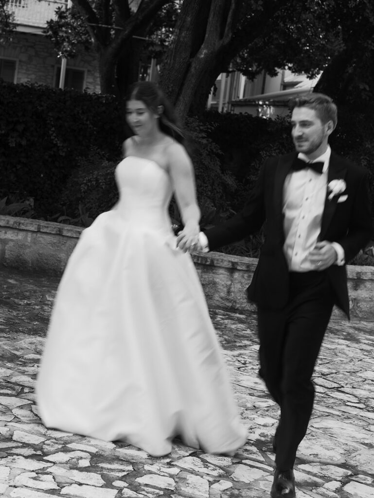 Black and white portrait of bride and groom in San Antonio