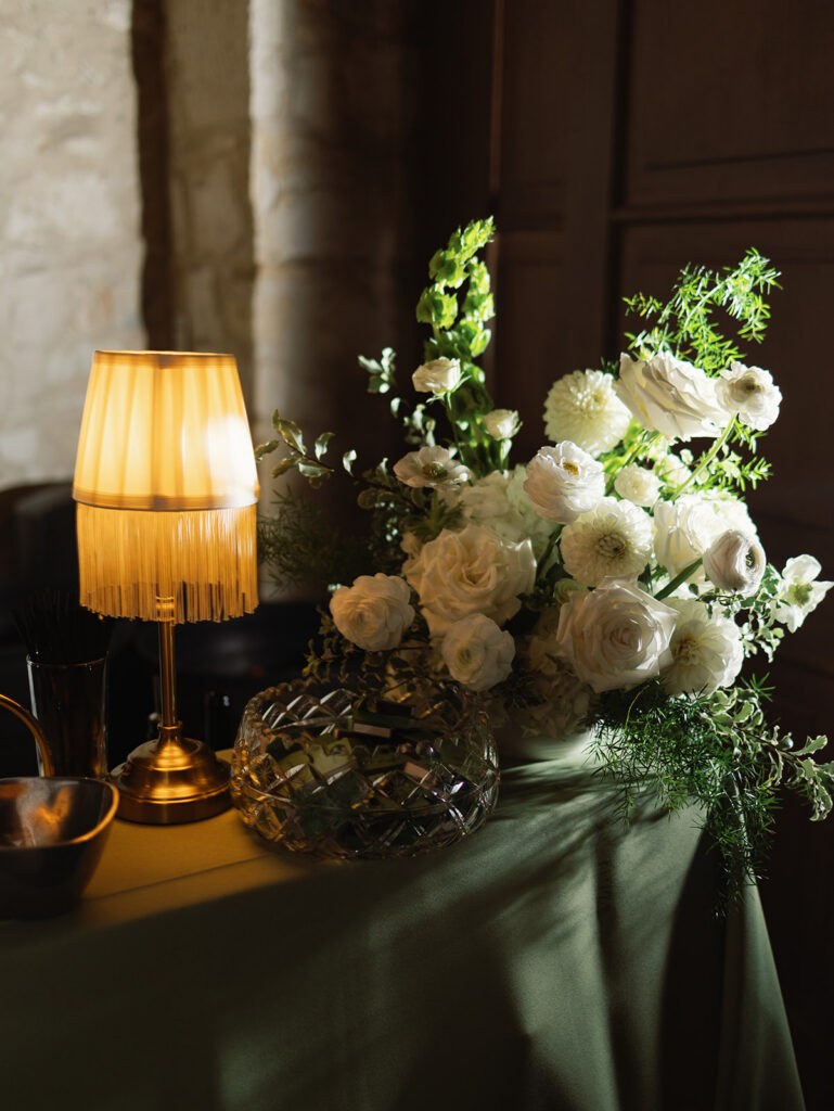 Close up of candlelight and florals at wedding reception tablescape