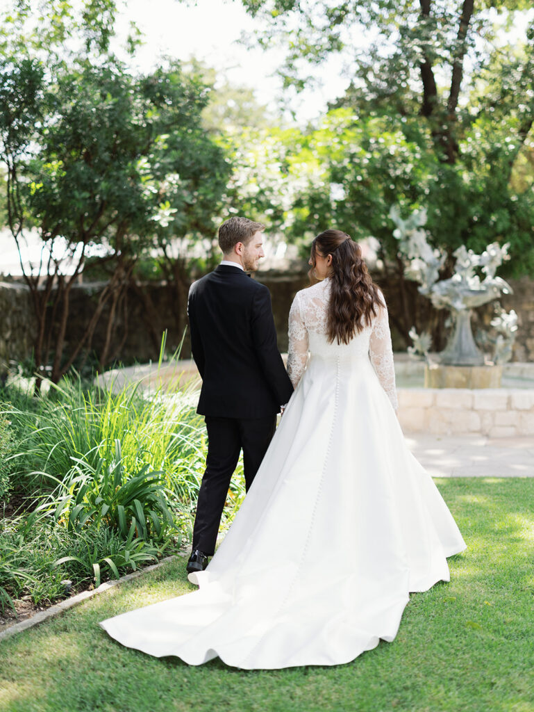 Bride and groom first look at Southwest School of Art wedding
