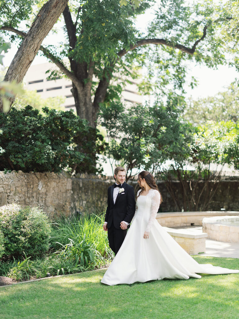 Bride and groom first look at Southwest School of Art wedding